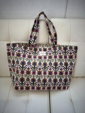 Sezane limited edition floral print tote bag, magenta navy green yellow, NWOT